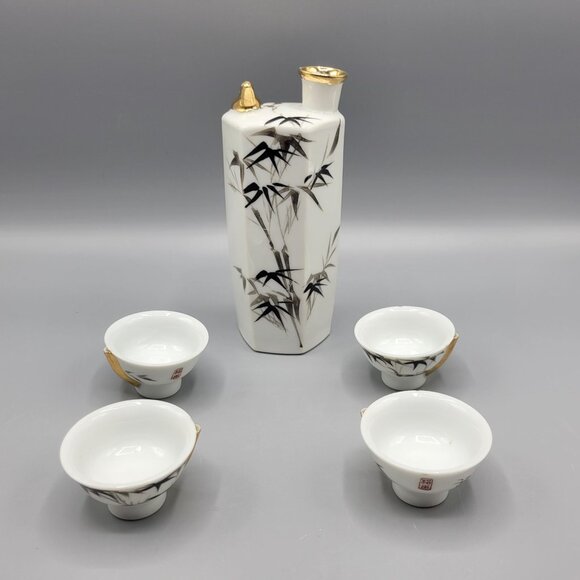 Vintage Whistling Gold Bird Bamboo Pattern Sake Set Bottle & 4 Cups Japan - Picture 2 of 16